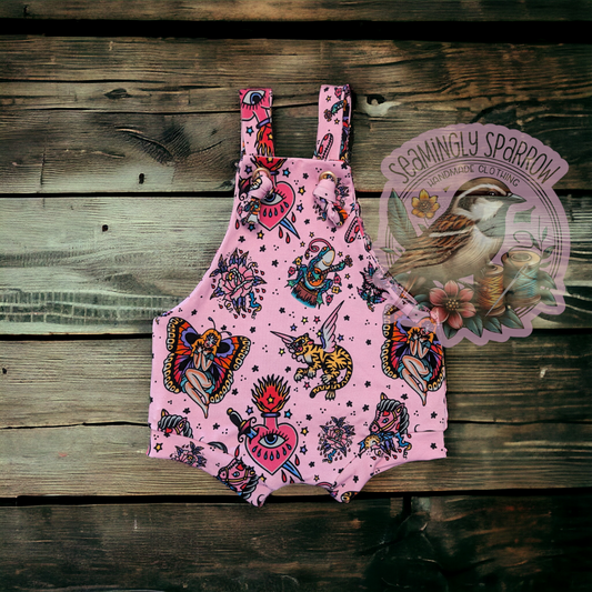 Pink Tattoo Flash Shortie Overalls - Bamboo